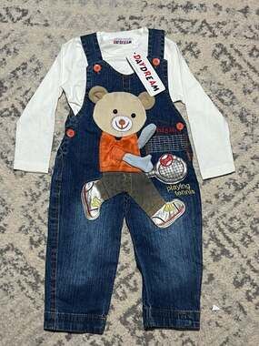NWT Daydream Baby Boy Denim 'Playing Tennis' Teddy Bear Overalls and Shirt Set